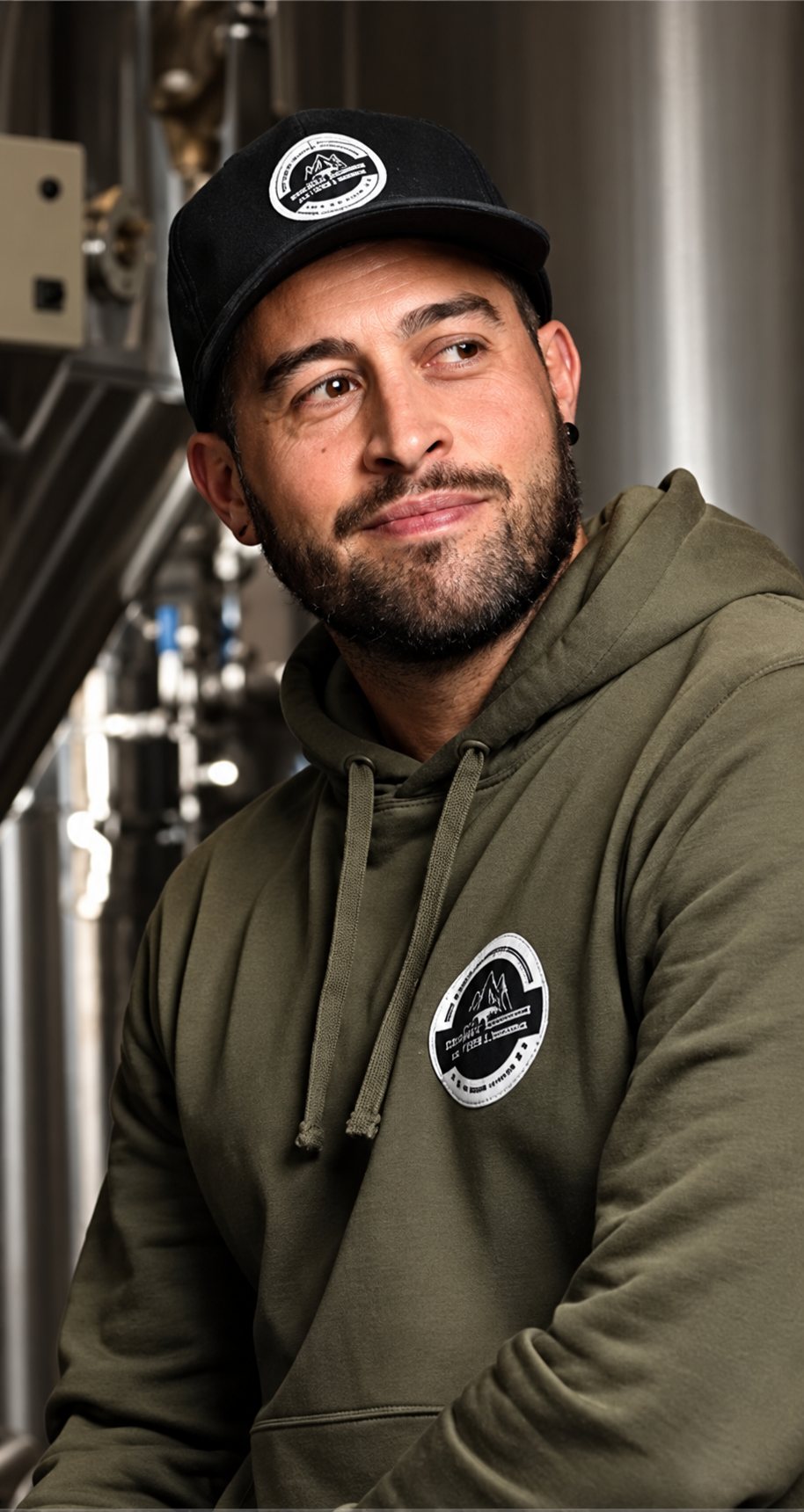 Hervé, souriant, devant les cuves en inox de la brasserie